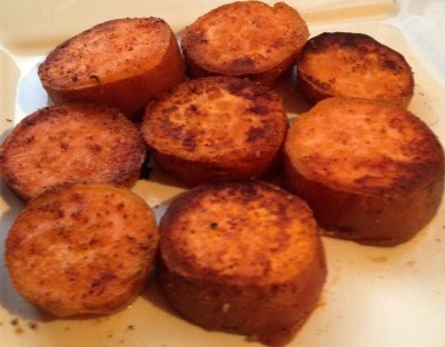 These sweet potatoes were "fried" with coconut oil, garlic powder and a dash of sea salt...and came out delicious!