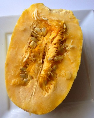 The inside of a spaghetti squash...gotta get rid of those seeds before you cook it!!
